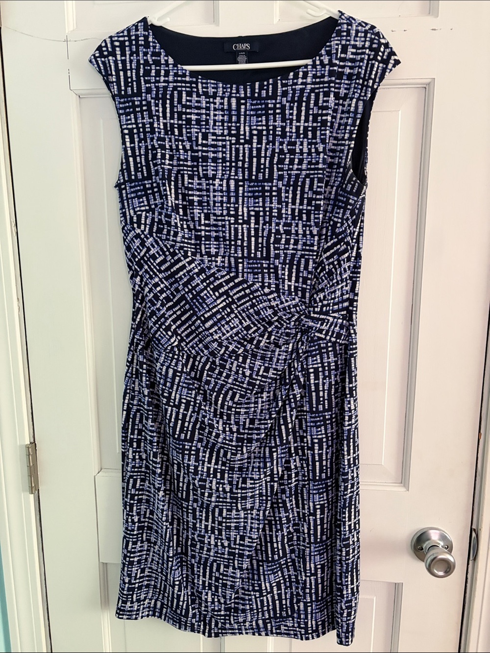 Chaps Navy and White Knot-Detail Sheath Dress